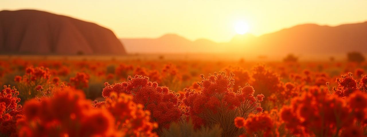 Red Australian desert landscape with native flora in bloom