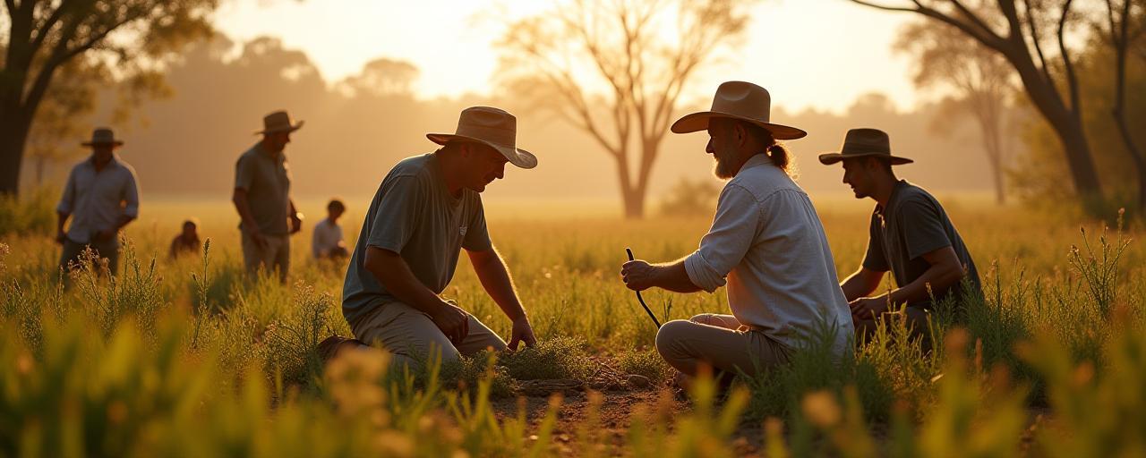 Founders harvesting native Australian bush foods in natural landscape