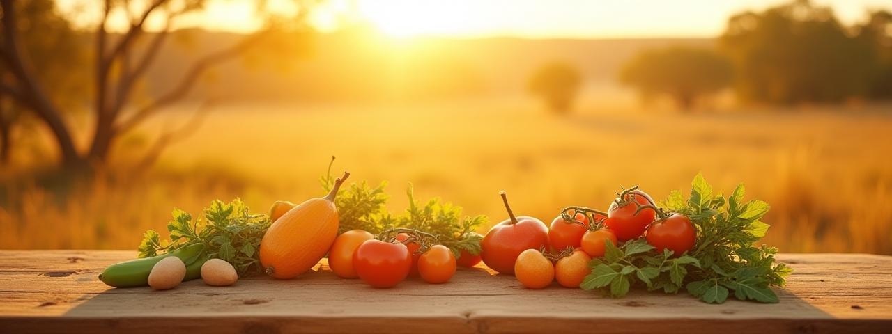 Sunlit Australian bush landscape with native bush foods arranged on a wooden table