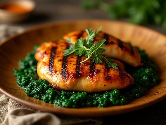 Grilled chicken with lemon myrtle glaze served with native spinach