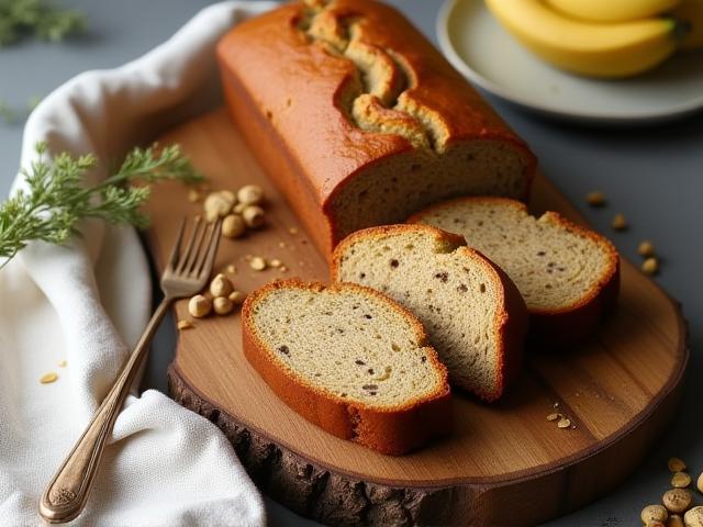 Sliced wattleseed banana bread loaf on rustic wooden board