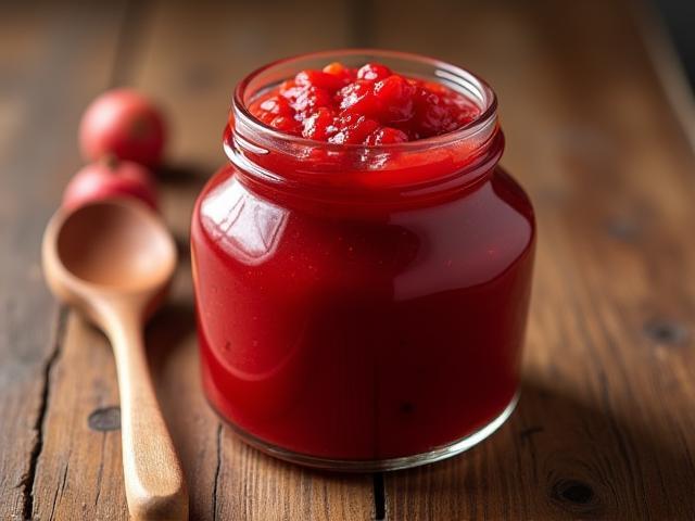 Rich red quandong purée in a glass jar